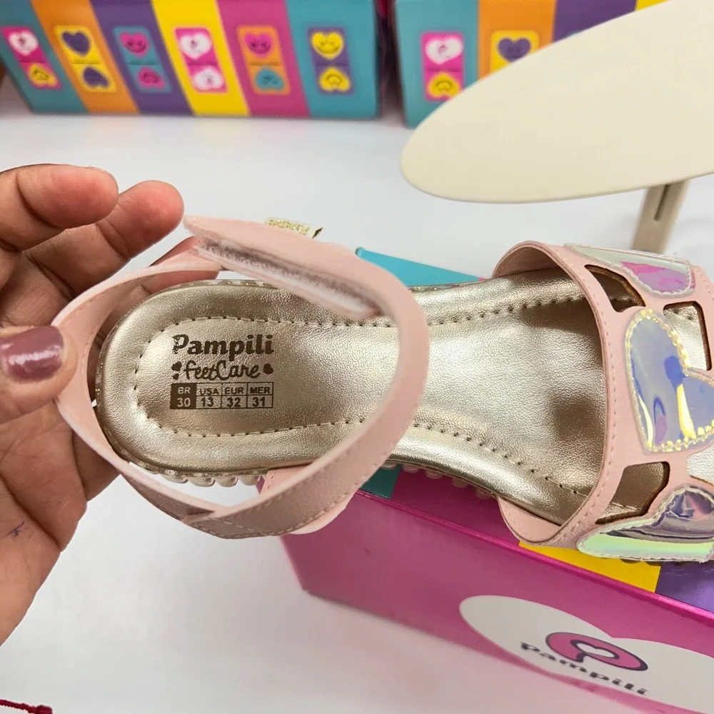 Pampili FeetCare Pink Iridescent Heart Sandals Glitter Sole Kids Size 13 US